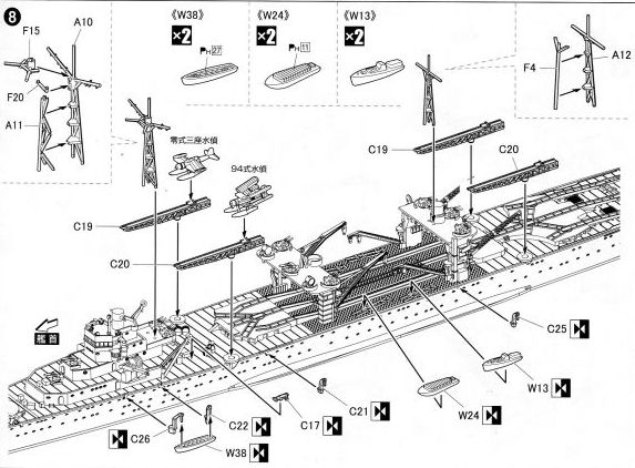 水上機母艦瑞穂（1/700、アオシマ）の組立説明書　マスト