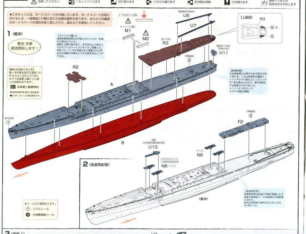 多摩（フジミ、艦NEXT、1/700）の組立説明書　船体