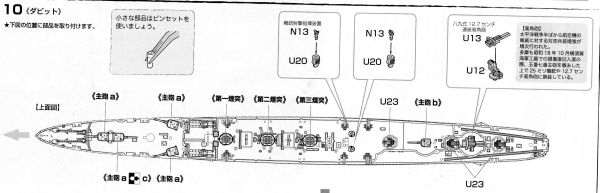多摩（フジミ、艦NEXT、1/700）の組立説明書　主砲　煙突　機銃の配置