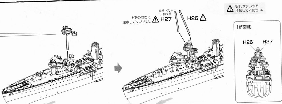 多摩（フジミ、艦NEXT、1/700）の組立説明書　前部マスト