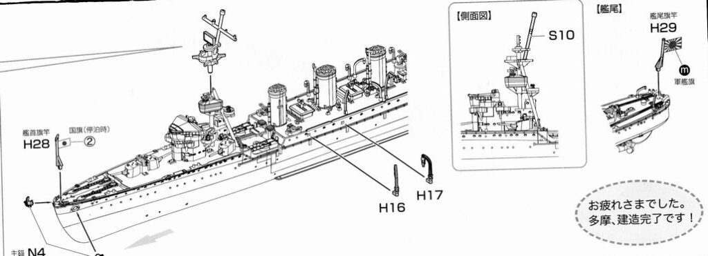 多摩（フジミ、艦NEXT、1/700）の組立説明書　錨、旗竿